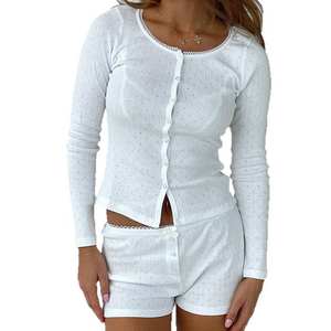 Conjunto de Pijama de Satén de Algodón para Mujer, Camiseta de Manga Larga con Botones y Pantalones Cortos, Ropa de Dormir Suave y Transpirable - Product Image 5