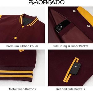 Veste universitaire unisexe orange d'hiver avec manches en cuir PU noir, col rond, double boutonnage, logo frontal, boutons, capuche, coupe-vent - Product Image 5