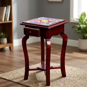 Vintage <b>Wooden</b> Tile Pattern Side <b>Table</b> Stool One Drawer Storage Lamp Vase Stand <b>Small</b> Space Coffee <b>Table</b> Farmhouse Bedroom - Product Image 5