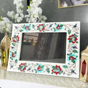 Stone Era Handcrafted <b>White</b> Marble Photo <b>Frame</b> Colorful Floral Inlay Art for Lightweight Decorative Tabletop Home Gift - Product Image 1