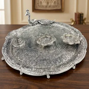 Silver Plated Peacock Shape Pooja Thali - Product Image 3