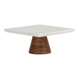 Support à gâteau rectangulaire en marbre avec base en bois, présentoir à dessert rond fait main pour les fêtes à domicile - Product Image 1