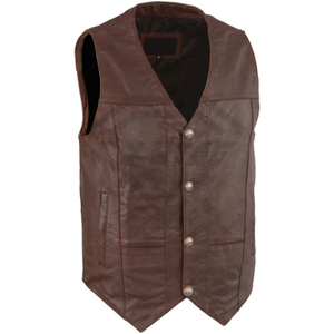 Mens <b>Brown</b> Leather Motorcycle <b>Vest</b> Snap Front Biker Riding Waistcoat Custom Wholesale Manufacturer Direct Quality Apparel - Product Image 1