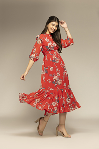 Vestido Maxi Casual para Mujer, Estampado Floral Rojo, Corte Holgado, para Uso Diario, Verano, Alta Demanda, Precio de Exportación - Product Image 2