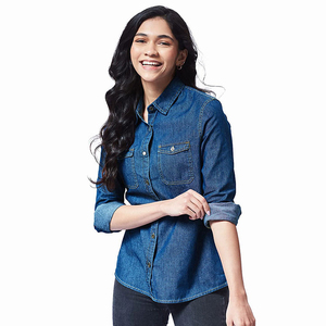 Wholesale Women Denim Shirts Button Flap Pockets Raw Blue Solid Vintage Style Winter/Spring/Summer Casual <b>Tops</b> High Quality - Product Image 4
