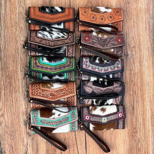 Belle conception usinée à la main sculpture portefeuille pochette élégant portefeuille en cuir de fourrure de vachette multi-usages portefeuilles en cuir occidental - Product Image 3