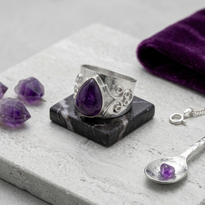 Handmade Purple Amethyst <b>Statement</b> <b>Ring</b> Natural Gemstone Brass Silver Plated Matte Finish Boho September Birthstone - Product Image 1