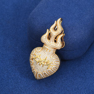 ZOE Flame Heart Pendant 24K Gold Plated Men's Hip Hop Jewelry Crystal Rhinestone Themed <b>Charm</b> Gift - Product Image 3