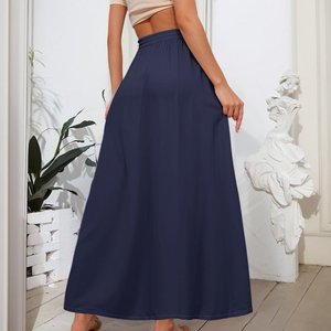 Women Navy Solid Color A-Line Floor-Length <b>Skirt</b> Drawstring <b>Elastic</b> <b>Waist</b> Pockets Casual Wear All Seasons 100% Polyester Woven - Product Image 5
