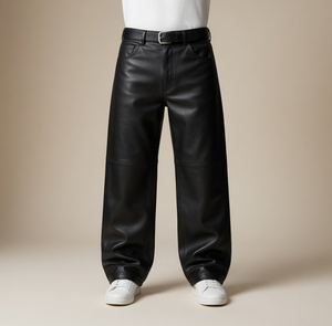 Pantalon ample décontracté vintage pour homme, coupe droite, longueur au sol, en cuir noir 3D déstructuré, style niche vintage - Product Image 1