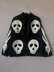 Handcrafted Black Velvet Skull Suzani <b>Jacket</b>: <b>Gothic</b> Embroidered Skeleton Coat - Product Image 1