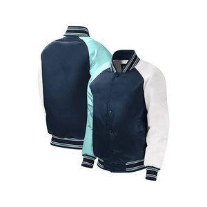 Chaqueta Universitaria Azul Satinado de Alta Calidad al por Mayor para Hombre, Chaqueta Letterman Personalizada con Botones a Presión - Product Image 1