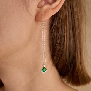 Emerald Green CZ Threader <b>Earrings</b> 925 Sterling <b>Silver</b> 14K Gold Plated <b>Dangle</b> <b>Earrings</b> For Women Elegant Gift - Product Image 2
