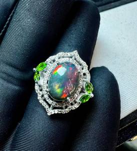 Natural Black Opal Green Tourmaline Cabochon Cocktail <b>Ring</b> in 925 Sterling <b>Silver</b> with Prong Setting Rhodium Plated Luxury Style - Product Image 5