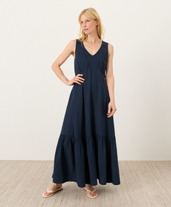 Robe longue sans manches col en V pour femme, coupe trapèze, couleur unie, en coton, ample, respirante, en tissu tissé, robe de soirée - Product Image 1