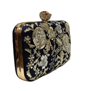 Navy Silver Gold Floral Frame Clutch with Crystal Crown Clasp Luxury Wedding Evening Handbag for Boutique Retail - Product Image 1