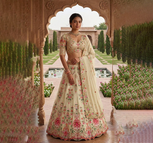 Lehenga Choli de Seda Organza Verde India de Diseño, con Bordado de Hilo, Tradicional, Ajustado, Festivo, Listo para Usar, Último Modelo Premium Nupcial - Product Image 1