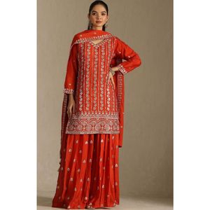 ชุดชาราร่าผ้าฝ้ายพรีเมียมสีแดงสำหรับเด็กผู้หญิง |   ชุดงานรื่นเริงและงานแต่งงานแบบดั้งเดิมพร้อมผ้าคลุมไหล่ - Product Image 2