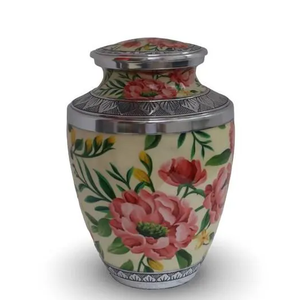 Floral Aluminum Cremation Urn Keepsake Casket <b>Memorial</b> <b>Vase</b> Silver Lid Decorative Funeral Supply - Product Image 1