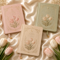 Agenda quotidien LABON personnalisé en cuir avec motif tulipe et perles, dorure céleste, couverture rigide, organiseur hebdomadaire esthétique