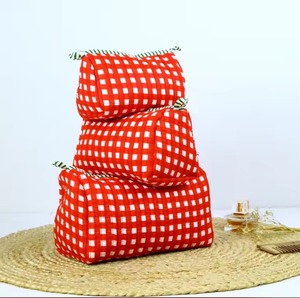 Red Checkered Cotton Cosmetic Bag Medium Size Zipper Closure Multi Function Makeup Organizer Simple Style Toiletry Bag - Product Image 1