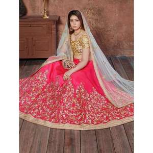 Ropa de boda de seda bordada con hilo rosa-amarillo Lehenga Choli con bordado intrincado - Product Image 1