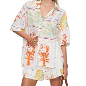 Conjunto de dos piezas de verano para mujer, compuesto por una blusa ligera y transpirable de lino de manga corta y pantalones anchos. - Product Image 5