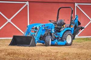 Tracteur utilitaire compact bleu LS Massey Ferguson 20 4x4 avec tondeuse autoportée, chargeur frontal, moteur diesel 4 temps, transmission par engrenages, haute productivité - Product Image 2