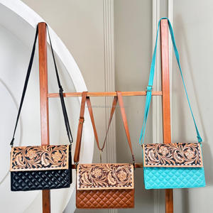 Gran oferta, Popular, acolchado a mano, cuero genuino, enrejado de diamantes, bolsos con solapa de hombro, bolsos de mensajero cruzados florales para mujer - Product Image 4