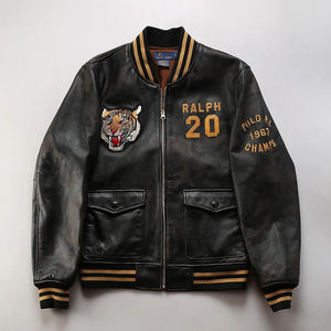 Chaqueta de cuero genuino de primera calidad para hombre, con cuello alto, bordado de tigre estilo béisbol, abrigo de cuero vacuno de primera capa, moderno y casual. - Product Image 2