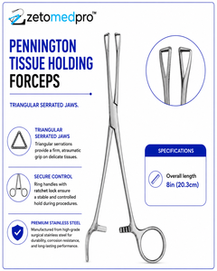 Pinzas para Tejidos PENNINGTON, Mordazas Triangulares Dentadas, Longitud Total 8in 20.3cm, ZETOMEDPRO - Product Image 3