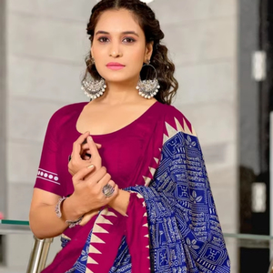 Sari en coton pur tissé à la main avec impression bloquée - Product Image 1