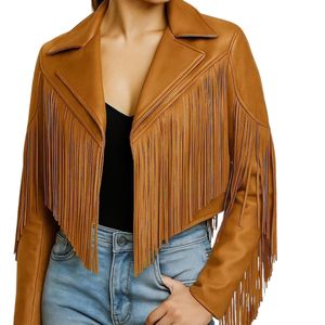 Custom Women Brown Fringe <b>Leather</b> <b>Jacket</b> Vintage Western Cowgirl Cropped PU <b>Leather</b> <b>Jacket</b> Casual <b>Suede</b> Fringe Outerwear <b>Jackets</b> - Product Image 1