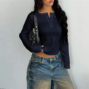 T-shirt décontracté slim à manches longues et col rond pour femme, collection Printemps-Été, couleur unie, haut de base, pull-over, chemisier - Product Image 2