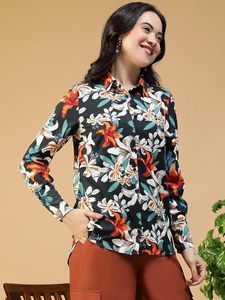 Camisa de Manga Larga con Botones y Estampado Floral para Mujer, Corte Regular, Popelina, Informal, para Primavera y Verano - Product Image 3