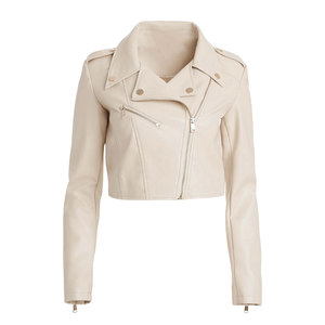 เสื้อแจ็คเก็ตหนัง PU สีเบจสำหรับผู้หญิง คอตั้ง แขนยาว ปิดด้วยซิป ความยาวสั้น สีพื้น สไตล์ไบค์เกอร์ เหมาะสำหรับใส่ในฤดูใบไม้ร่วง - Product Image 1