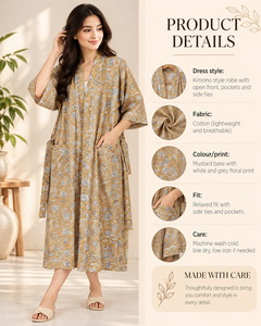 Camisón Largo Floral Ecológico Tipo Kimono para Mujer |   Bata de algodón con estampado a mano |   Cuello en V, manga larga, cierre con cordón - Product Image 2
