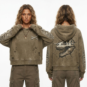 Sweat à capuche zippé épais 500 GSM rouge délavé à l'acide pour femme, avec imprimé flamme sur les manches et motif crâne flammé, style streetwear motard vieilli - Product Image 4