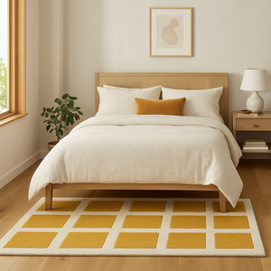 Alfombra de lana hecha a mano con diseño geométrico de cuadrícula en amarillo y blanco, alfombra moderna, duradera y personalizada. - Product Image 2