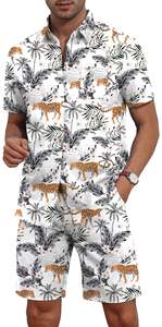 Chemise à manches courtes à col boutonné avec imprimé léopard tropical et palmiers blancs pour homme, ensemble 2 pièces assorti avec short, style décontracté hawaïen - Product Image 6