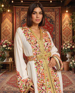 Caftan marocain blanc en velours prune, élégant, brodé à la main, col en V, longueur maxi, manches longues, ourlet évasé, coupe ample, robes pour femmes musulmanes - Product Image 2