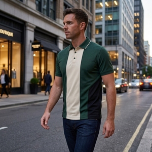 Polo pour homme vert crème à blocs de couleur, logo personnalisé, manches courtes, vêtements de sport pour le golf et le tennis, uniforme - Product Image 2