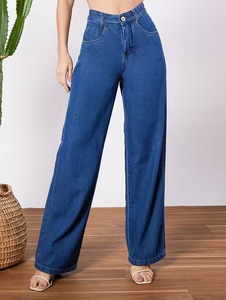 Jean en denim décontracté pour femme, coupe ample, taille mi-haute, jambe large, avec déchirures décoratives, en coton écologique, couleurs bleu/noir, Printemps/Été - Product Image 1