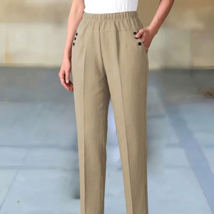 Pantalones de poliéster de cintura alta para mujer, de pierna recta, con pliegues frontales, cintura elástica, color beige, casuales, largos, resistentes a las arrugas - Product Image 3