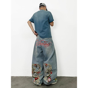 Jeans baggy pour hommes, style hip-hop, denim noir délavé, coupe ample, pantalon à jambes larges, vêtements de mode urbaine - Product Image 5
