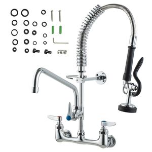 Rubinetto da Cucina a Parete in Ottone Lucido, Altezza 21 Pollici, Larghezza Installazione 8 Pollici, Include Doccetta Estraibile con Beccuccio Girevole da 12 Pollici - Product Image 1
