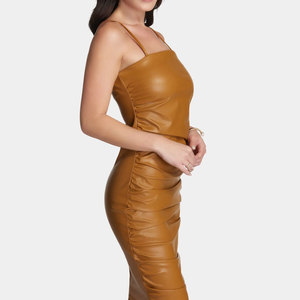 Custom Logo Ladies Knee Length Leather Dress High Fashion Sheep Leather Dress For Women wear At Low Price - Product Image 4