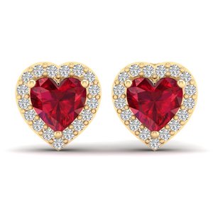 REYES Heart Shape 1.5 Carat Ruby Gemstone Earrings for <b>Wife</b> Dainty 14K 18K Yellow Gold Diamond Screw Back Stud Halo Earrings - Product Image 2