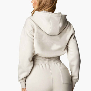 <b>Cropped</b> Hooded <b>Zip</b>-<b>Up</b> Sweatshirt Solid Color Oversized Fit Casual French Terry Unisex Autumn Wear - Product Image 2