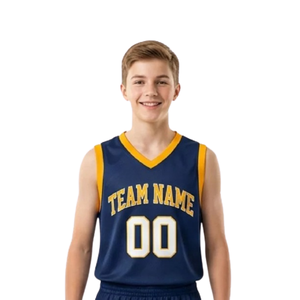 Ensemble maillot et short de basketball pour jeunes garçons, col en V, sans manches, bordure contrastante, uniforme d'équipe classique, nom et numéro personnalisés, sublimation - Product Image 4